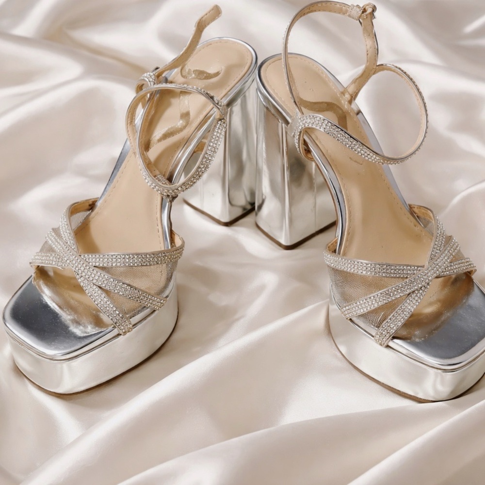 Nina Silver Metallic Crystal Strap Platform Heels